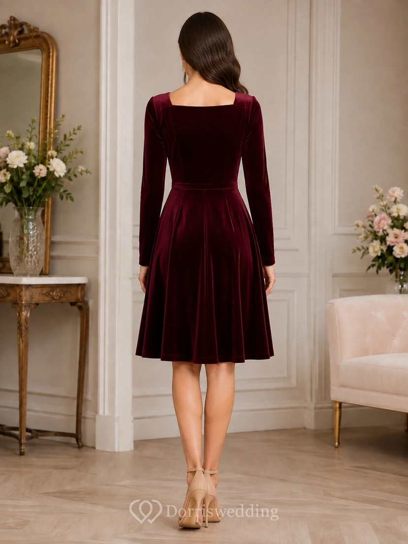 Burgundy High Neck Long Sleeve Velvet Tea-Length A-Line Dress view 2