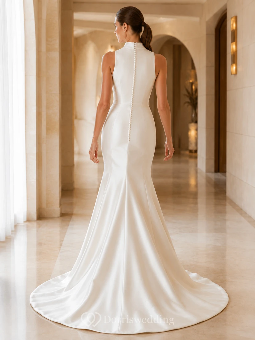 Modern High Neck Sleeveless Satin Mermaid Button Back Chapel Train Wedding Gown view 2