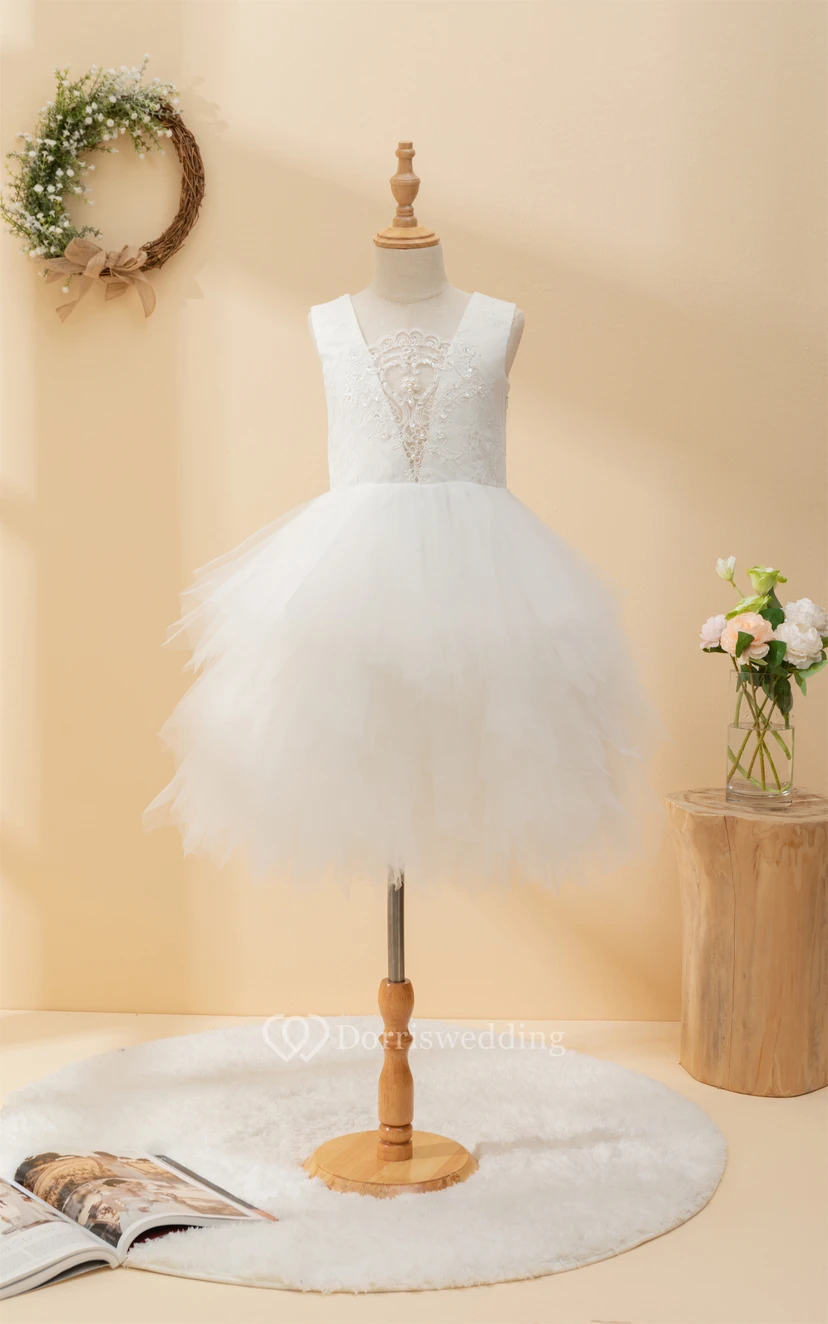 Short Ruffled Sleeveless Layered Plunged Tulle Flowergirl Dress