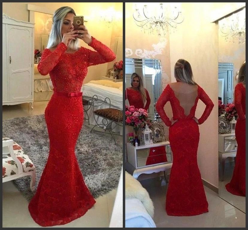 Glamorous Jewel Mermaid Red Pom Dress Long Sleeve With Beadings view 2