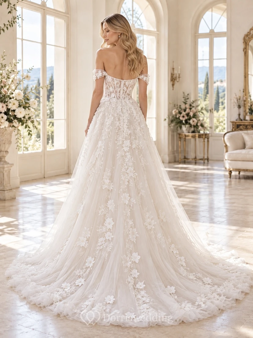 Off Shoulder Floral Tulle A-Line Sweetheart Applique Corset Chapel Train Romantic Wedding Dress view 2
