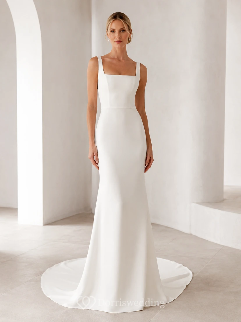 Brautkleid aus Satin, A-Linie, trägerlos, mit Schleppe