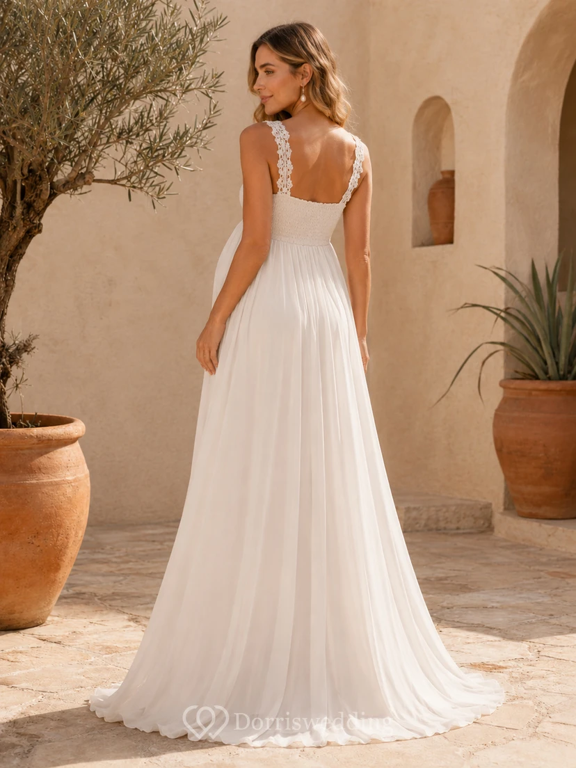 Maternity Lace Strap Square Neck Empire Chiffon Wedding Dress view 2
