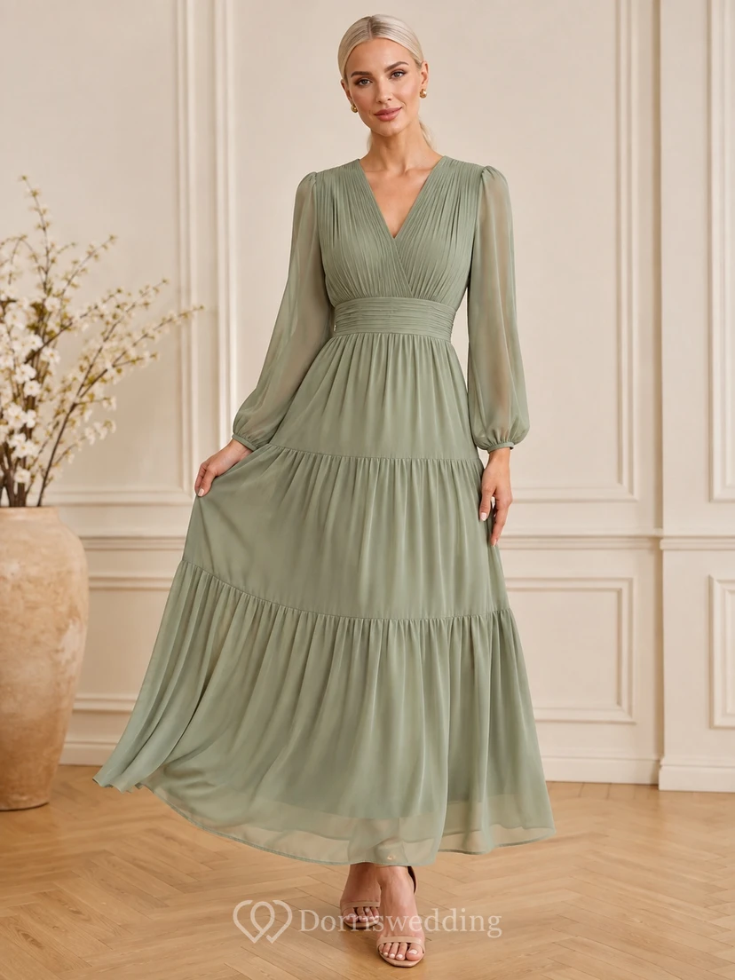 Boho Sage Ankle-Length Chiffon A-Line Long Sleeve Tiered V-Neck Dress