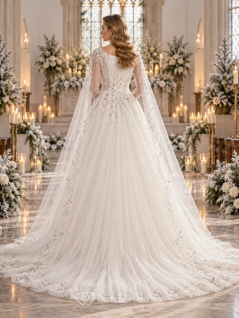 Vestido de novia de manga larga con escote barco, falda plisada de tul y encaje, capa view 2