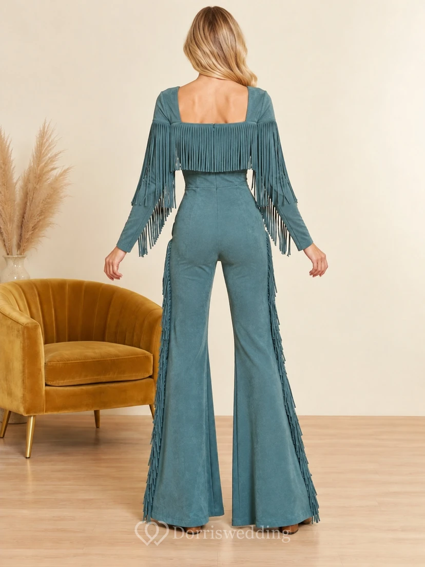 1970s Long Sleeve Peacock Square Neck Fringe Flared Party Jumpsuit view 2