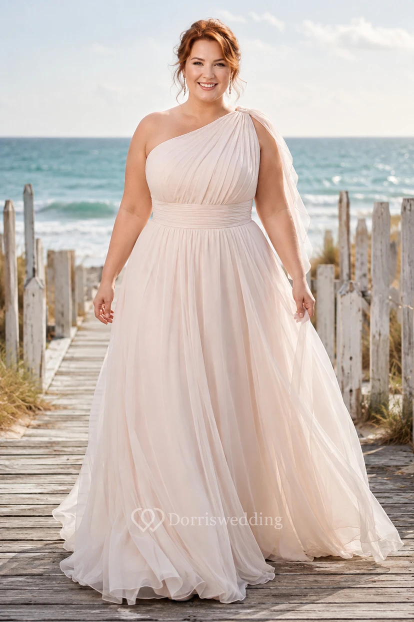 One-Shoulder Chiffon Plus Size Beach Wedding Dress