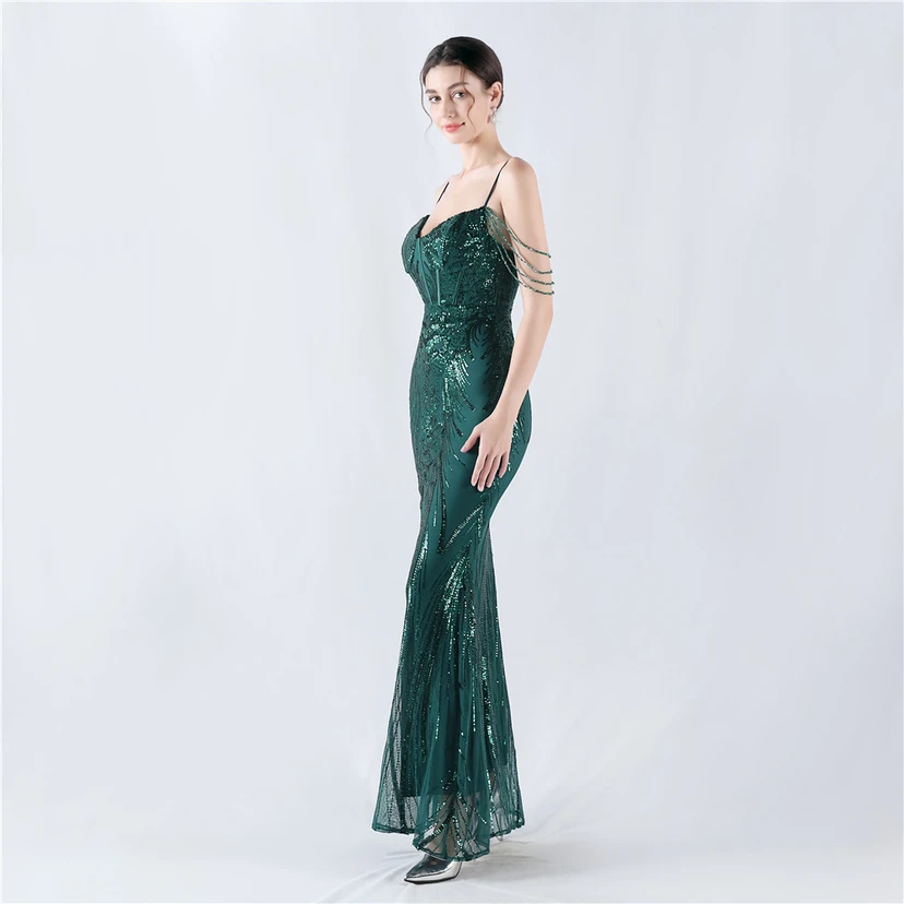 Waist-Reduced Fishbone Shaping Positioning Flower Sequined Anchor Sexy Beaded Suspender Evening Dress view 73