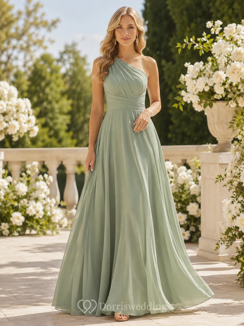 Robe de demoiselle d'honneur élégante en mousseline de soie Celadon Promenade, coupe trapèze, longueur au sol, une épaule, sans manches, robe longue en forme de A.