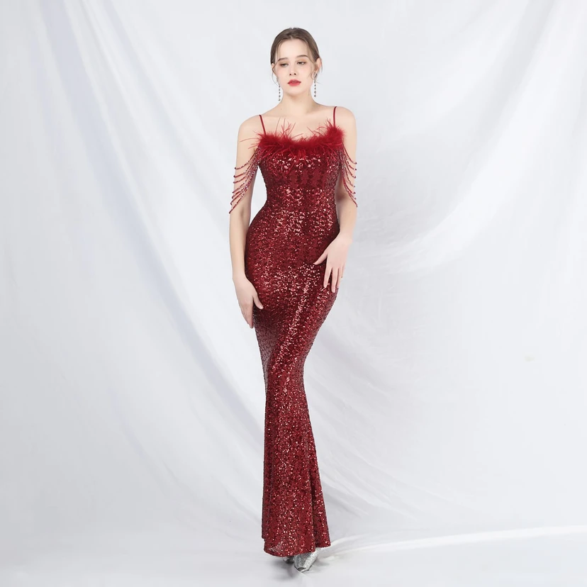 Craft Beaded Ostrich Feather Fantasy Sequined Long Evening Dress view 12