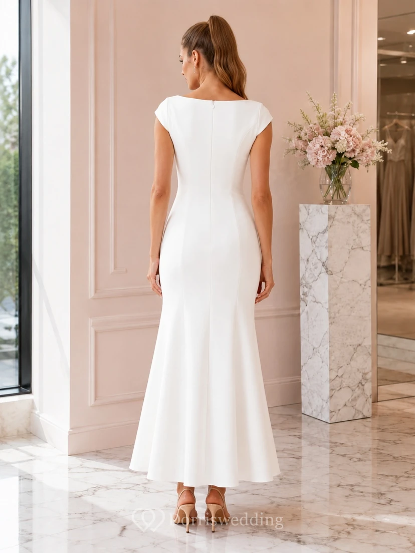 White Guest Mermaid Jersey Bateau Cap Sleeve Ankle-Length Modern Elegant Dress view 2