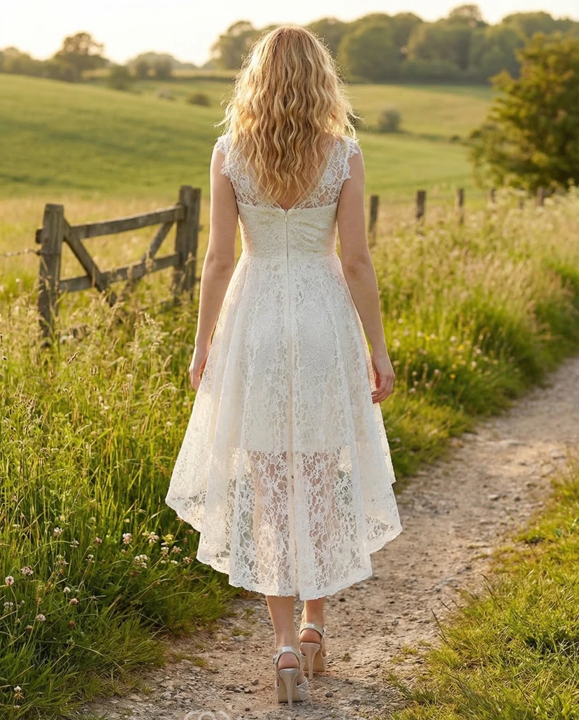 Short Asymmetrical Lace Wedding Dress view 2