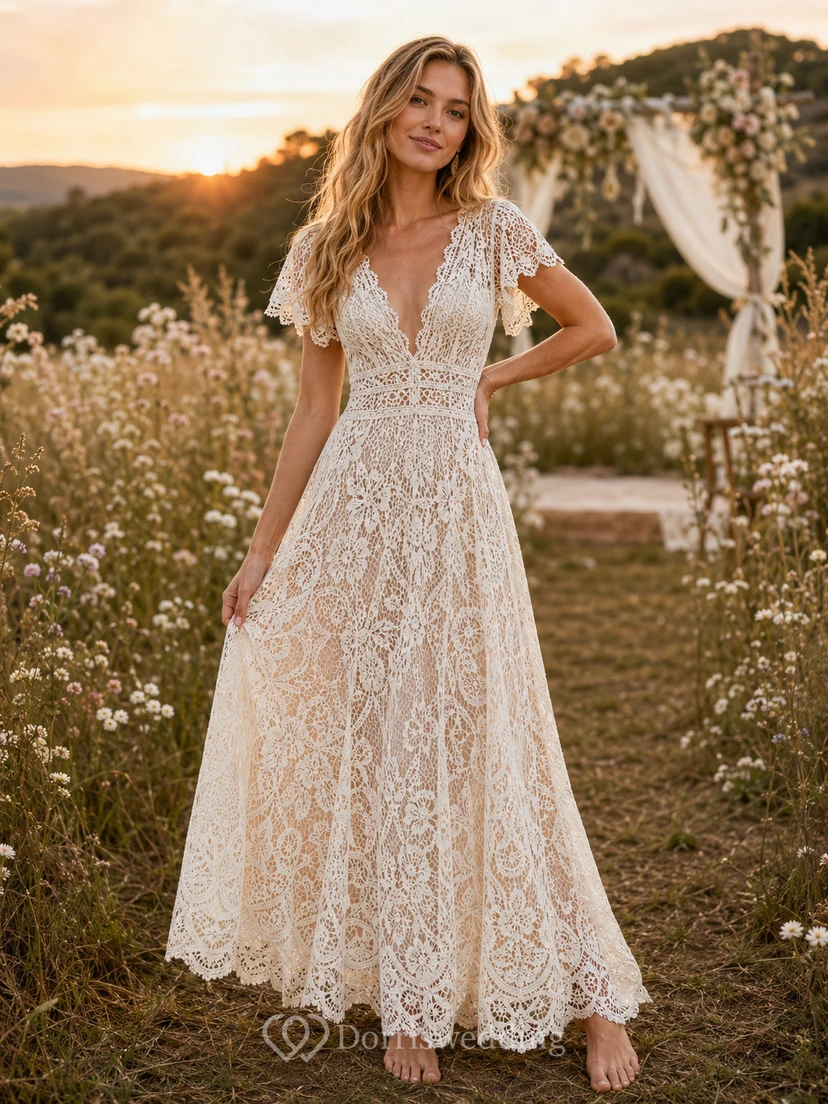 Robe de mariée bohème en dentelle au crochet, col en V, manches courtes, style prairie
