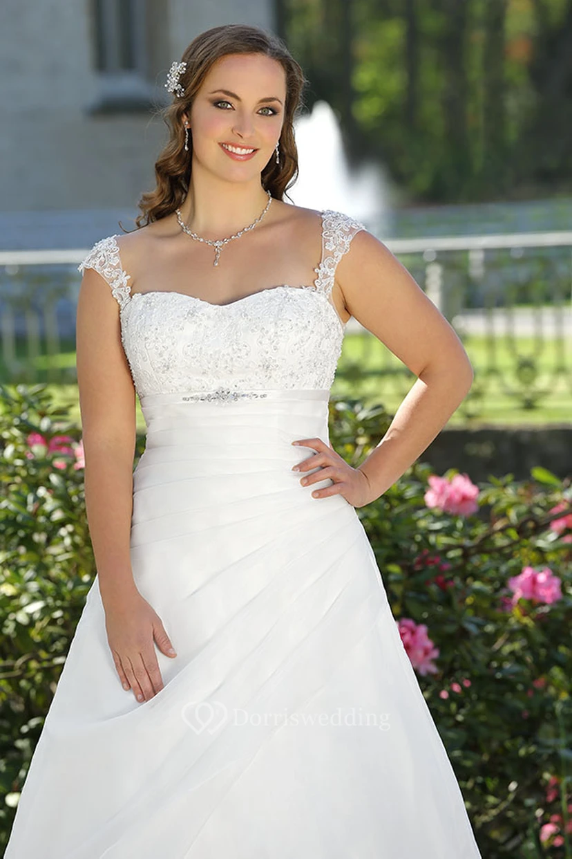 A-Line Floor-Length Queen Anne Sleeveless Satin Sweep Train Draping Dress view 2