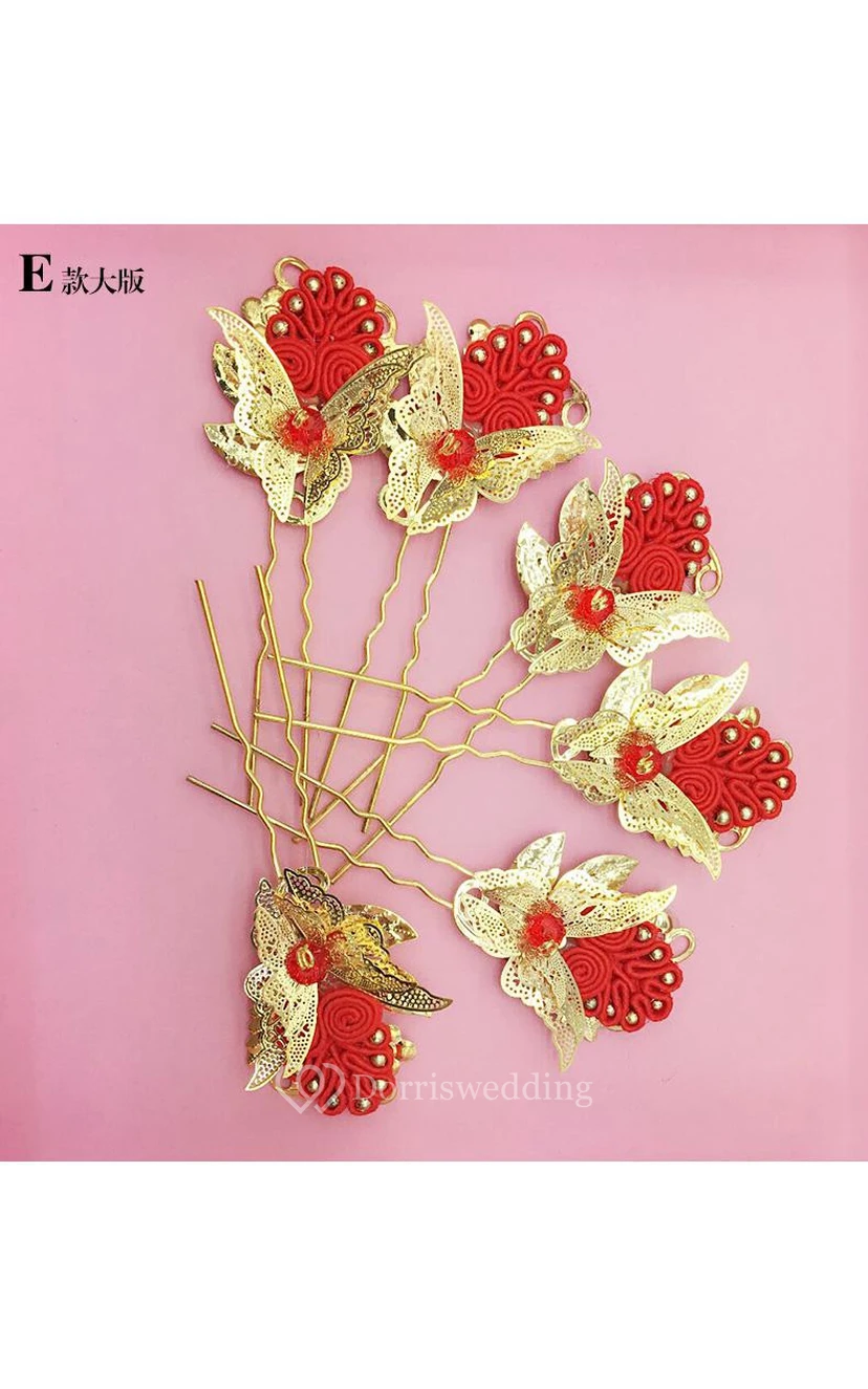 Braut-Kopfschmuck in Rot, Haarschmuck für chinesisches Cheongsam, Hochzeitsaccessoires, Tellerhaarnadel, U-förmige Haarspange view 21
