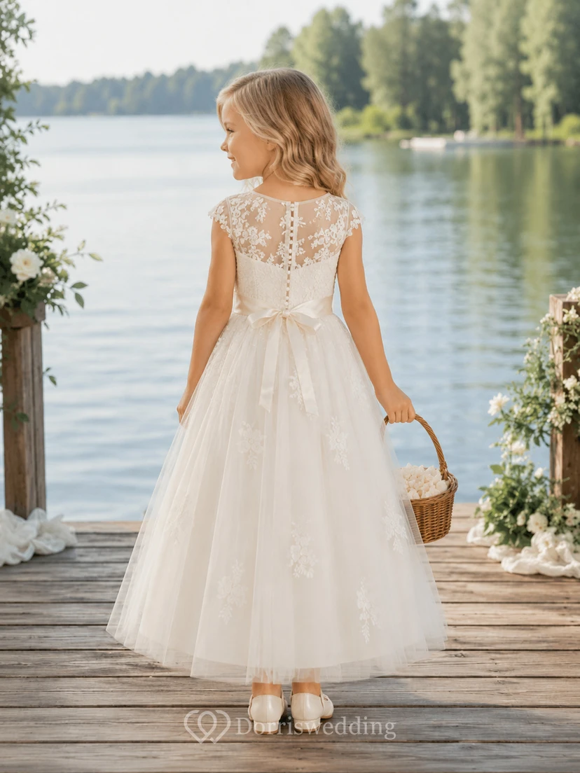 A-Line Flowergirl Lace Tulle Floor-Length Sleeveless Floral Applique Lakeside Wedding Dress view 2