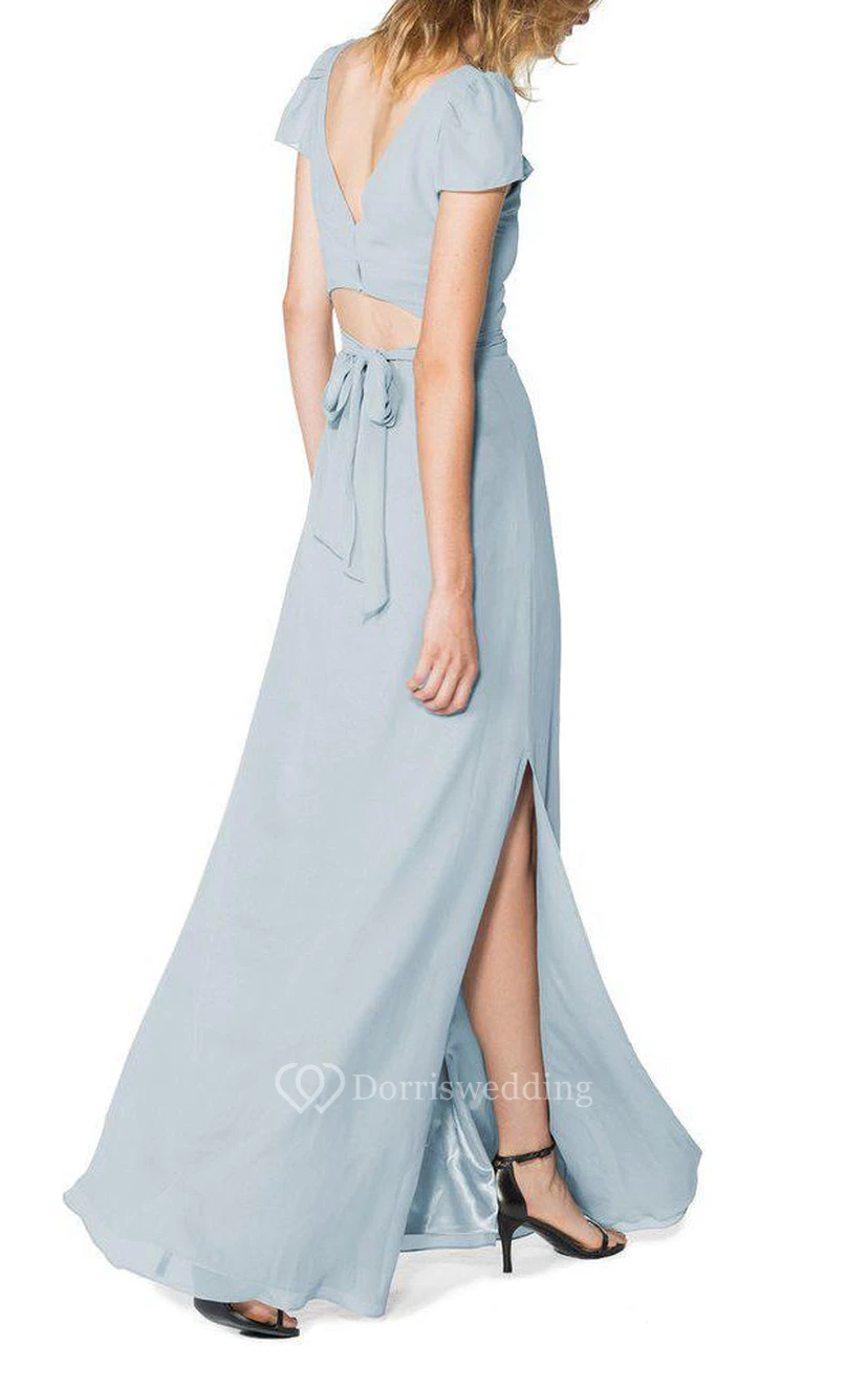 Keyhole Back Short Sleeves Long Chiffon Dress with Side Split view 2