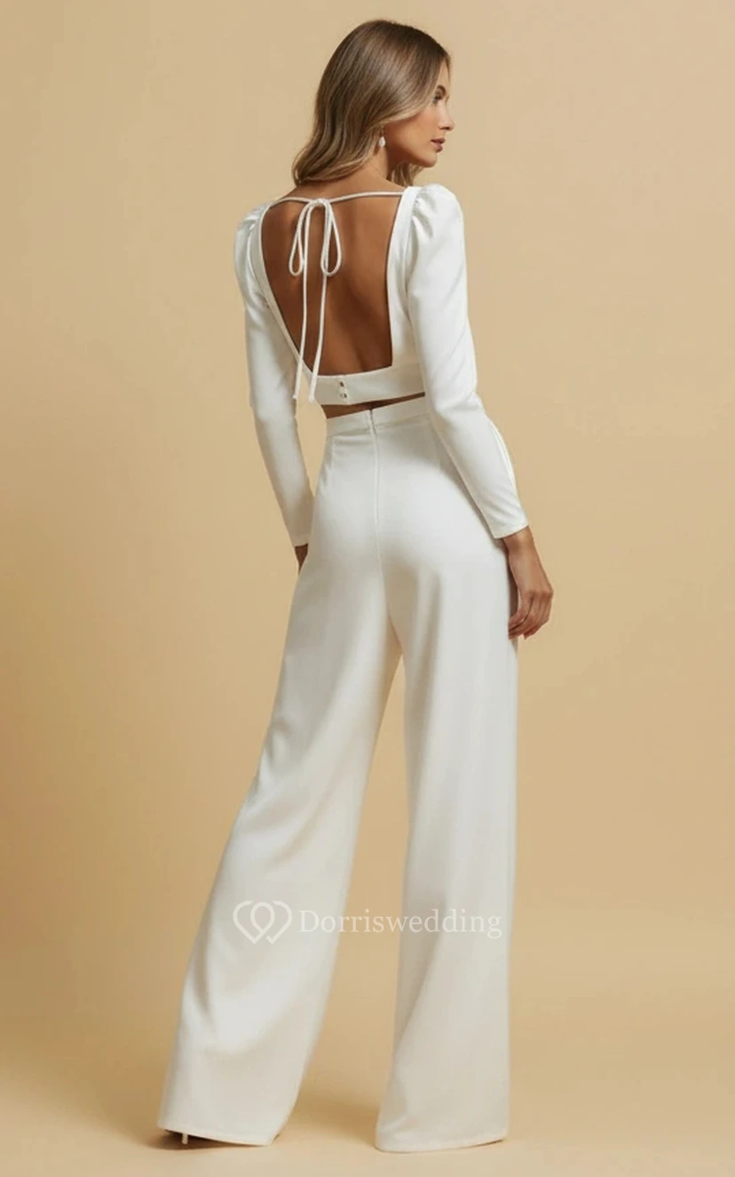 Long Sleeve Square Neck High Waist Wide Leg Wedding Jumpsuit with Side Slit view 2