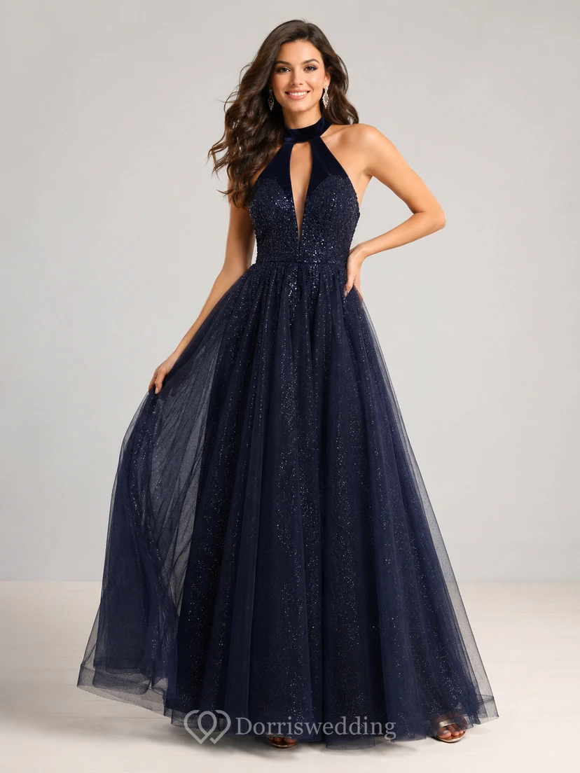 Navy Halter Keyhole Glitter Tulle A Line Prom Dress