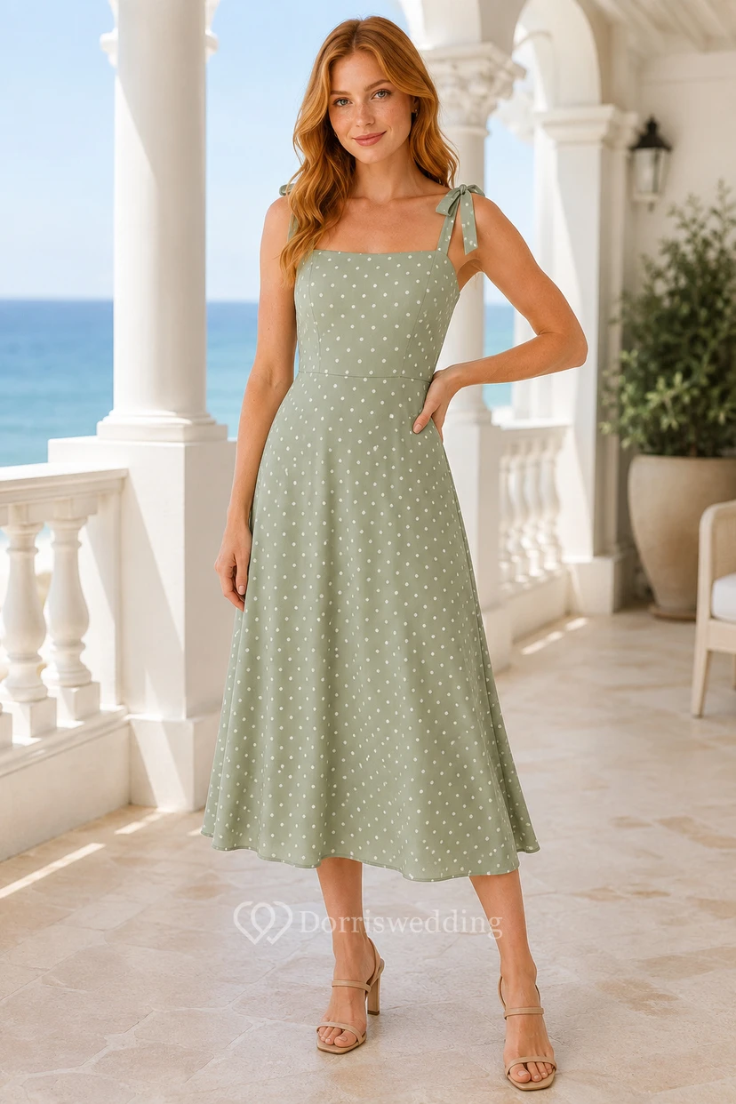 Vestido de invitada de boda color verde salvia, gasa, corte en A, escote cuadrado, sin mangas, detalle de lazo, largo hasta la rodilla.