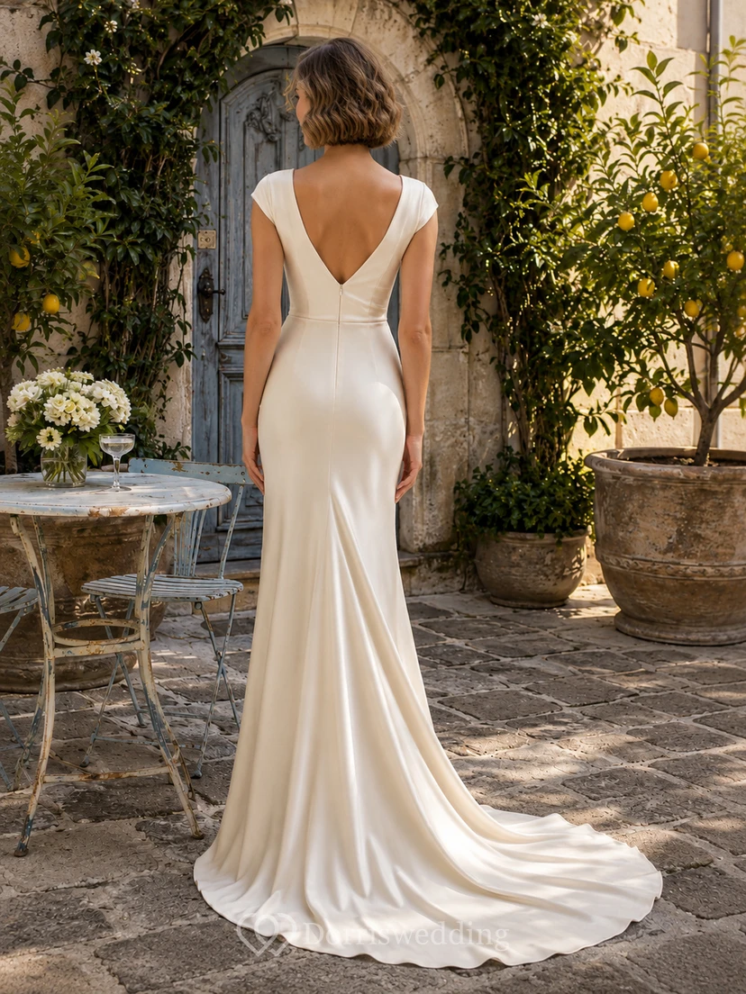 V Neck Cap Sleeve Satin French Courtyard Mermaid Gown view 2