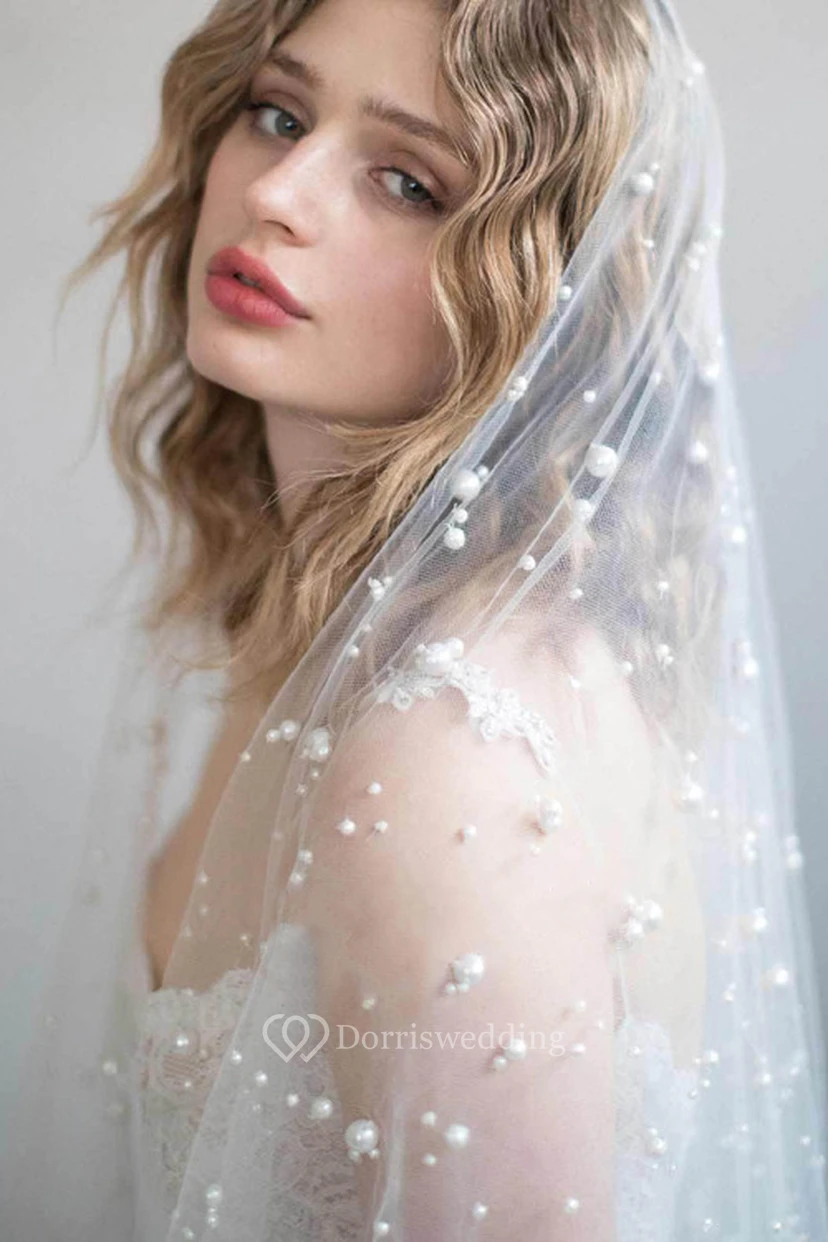 Romantic Fingertip Tulle Wedding Veil with Pearls view 3