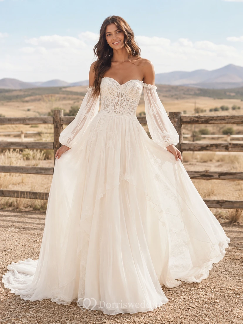 Vestido de novia de tul y encaje campestre, corte en A, hombros descubiertos, manga corta, cola de capilla, espalda baja en V.