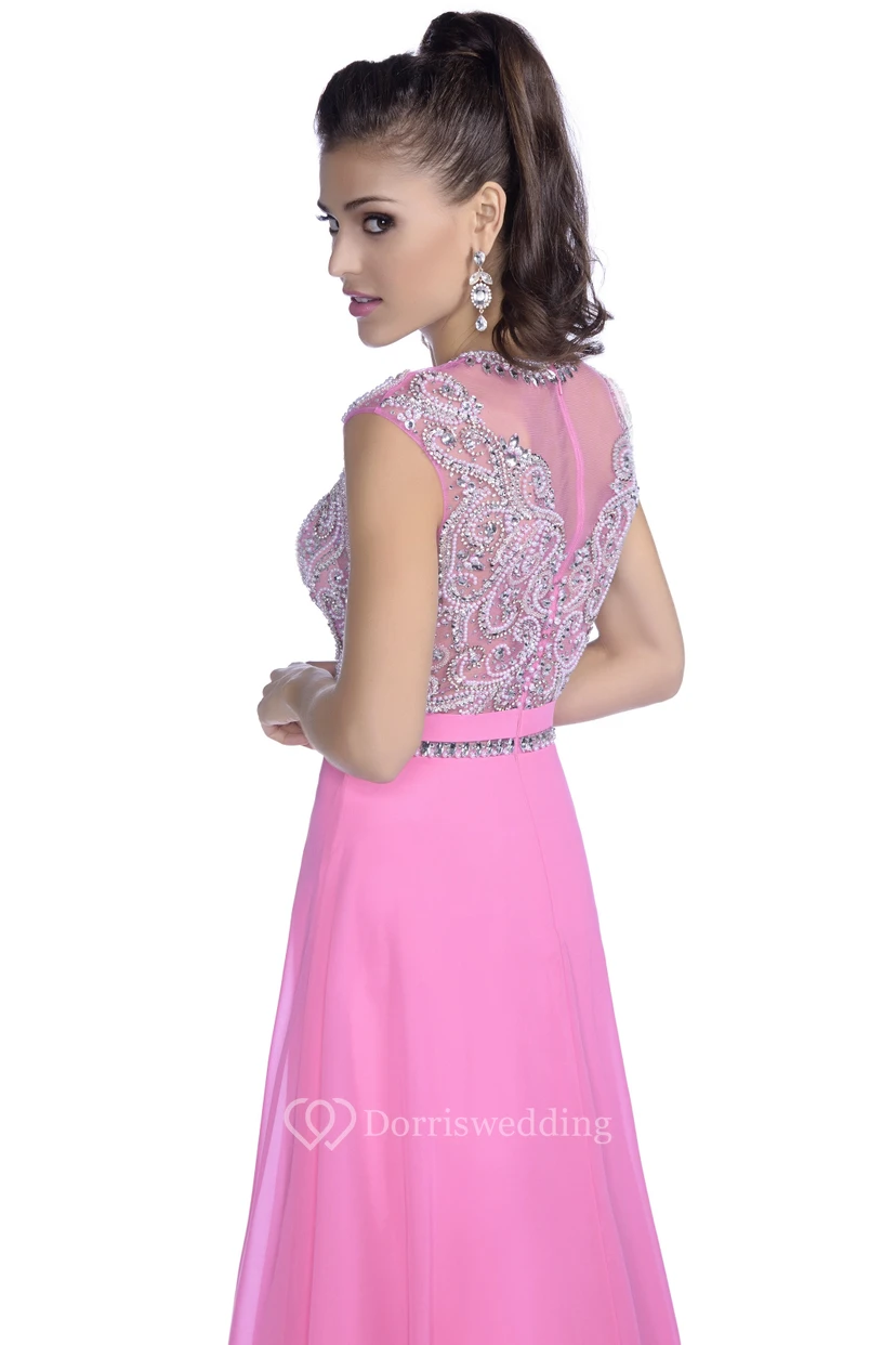 Ärmelloses Chiffon-Abendkleid in A-Linie mit Schmuckbesatz an der Taille und Applikationen view 2