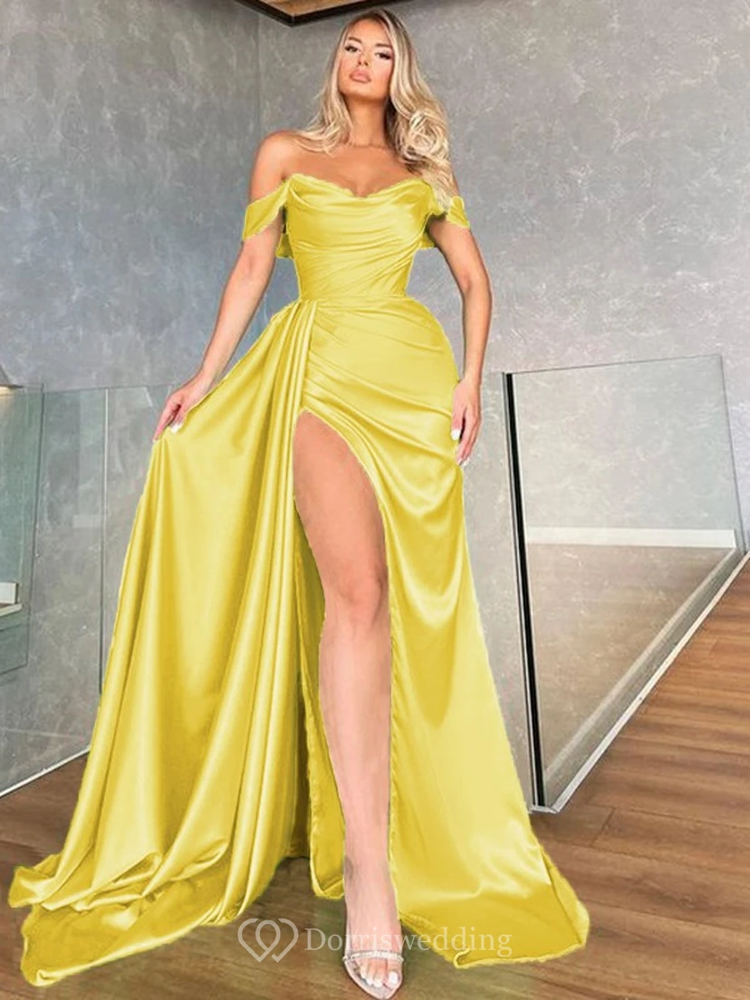 Robe de soirée verte sexy à épaules dénudées et fente avant, froncée et simple view 8