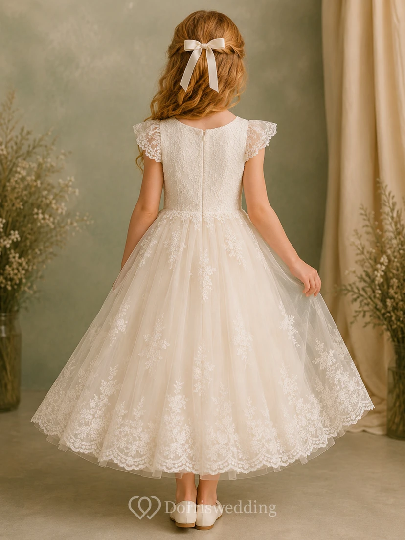 Flower Girl Dress Ivory Lace Tulle A-Line Jewel Neck Tea Length view 2