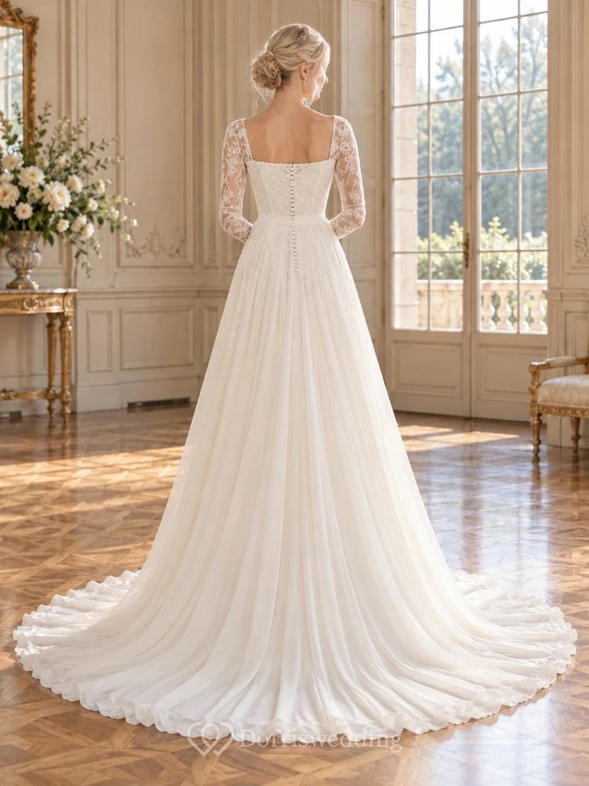 Square Neck Long Sleeve Lace Chiffon A-line Wedding Dress view 2