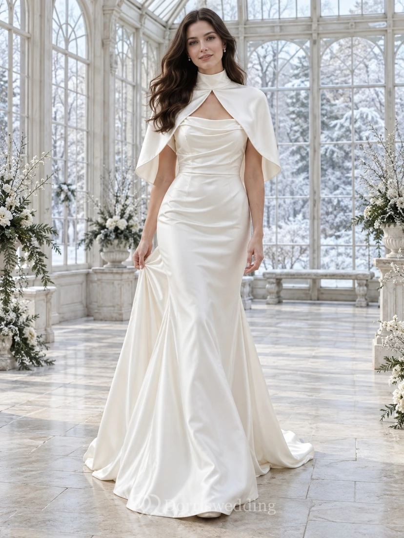 Vestido de novia corto de satén con capa y corpiño tipo capa y cuello alto estilo sirena para invierno