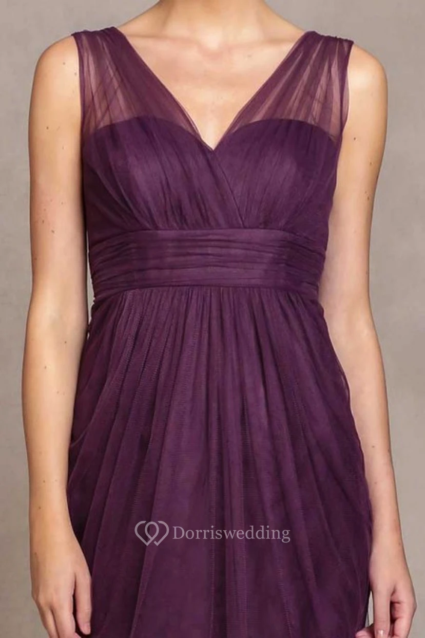 Short V-Neck Sleeveless Tulle Bridesmaid Dress With Ruching And V Back view 3