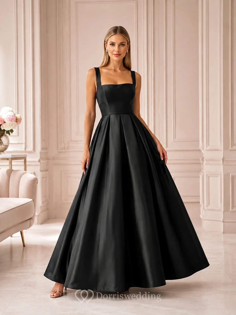 Modern Black Satin Ball Gown Floor-Length Square Neck Straps Formal Dress