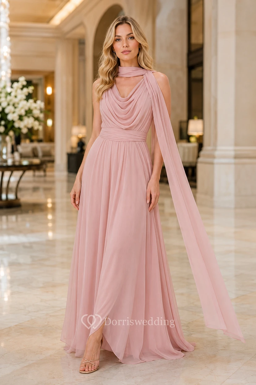 Blush Halter Chiffon A-Line Formal Dress with Cape