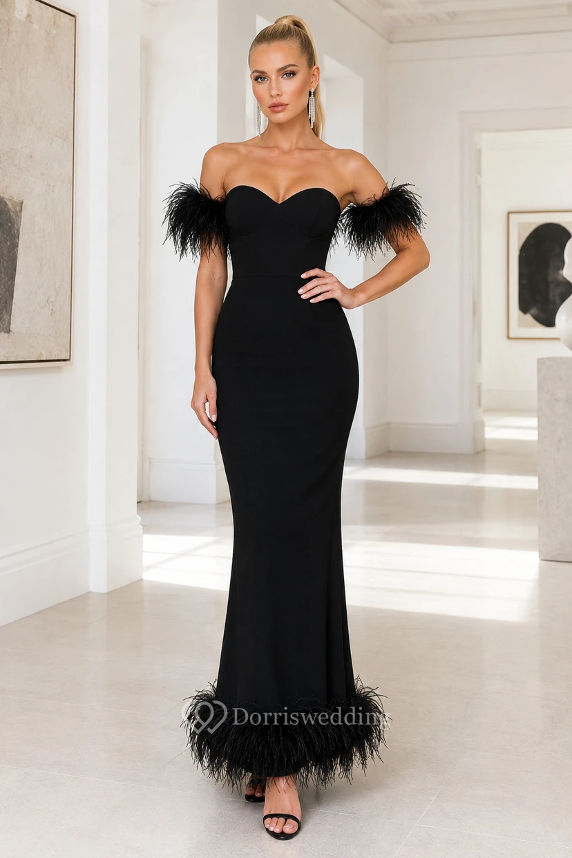 Black Strapless Mermaid Formal Dress with Feather Sleeve Trim and Feather Hemline