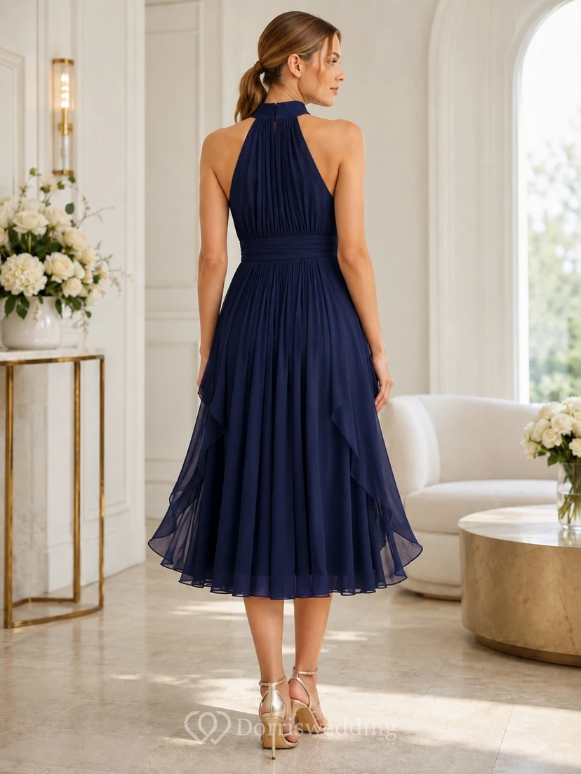 Elegant Navy Halter Pleated Chiffon Tea Length Cocktail Evening Dress view 2