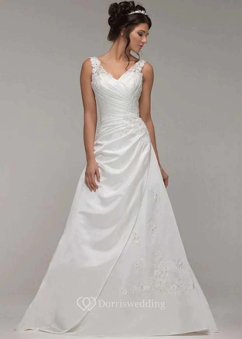 Vestidos de novia de corte A, con drapeado lateral, escote en V, sin mangas, de satén elástico y con apliques.
