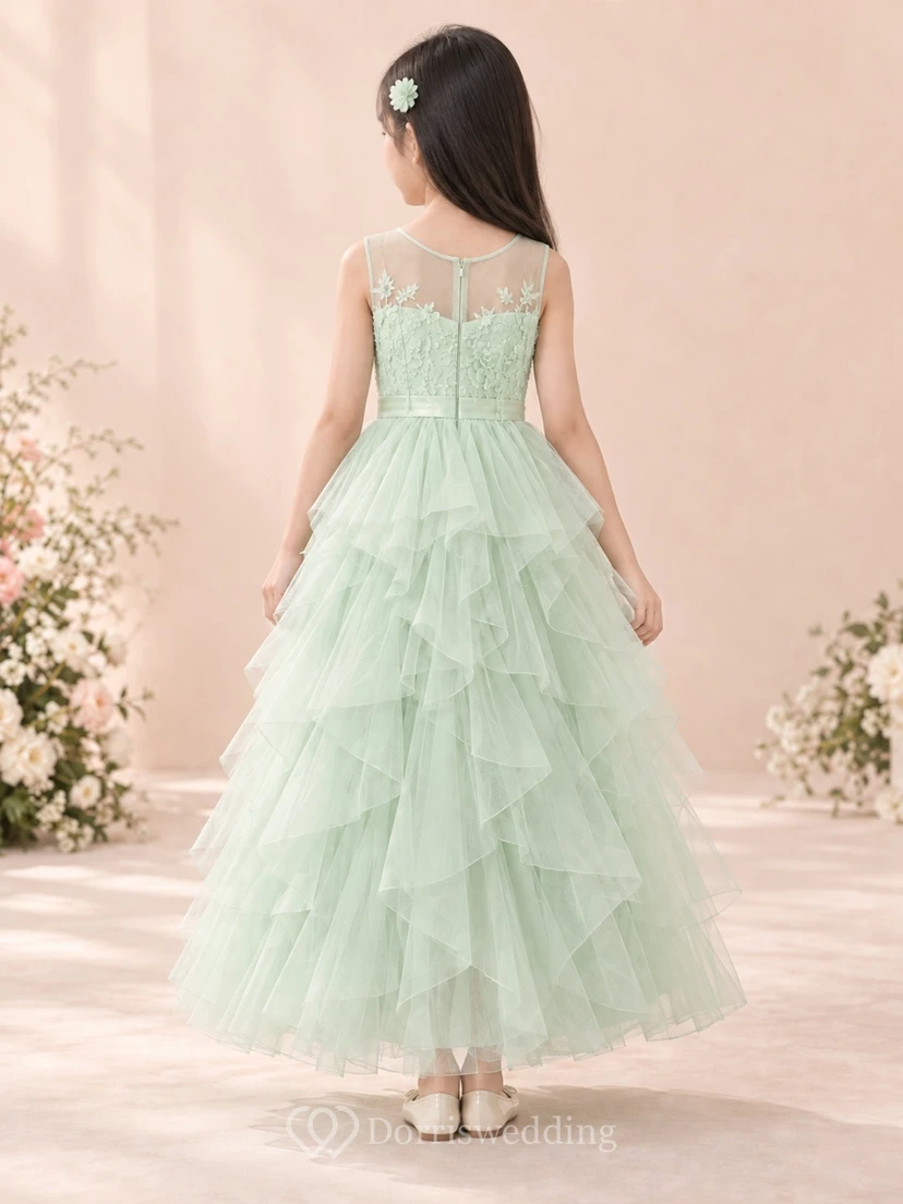 Mint Illusion Neck Sleeveless Floral Lace Cascading Tulle Flower Girl Dress view 2