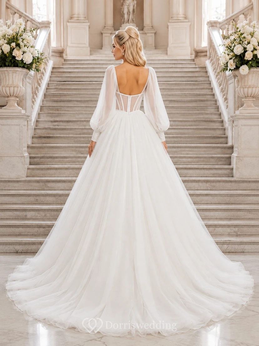 Vestido de novia formal de gala de tul con escote corazón romántico view 2