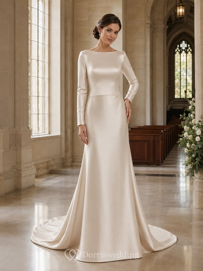 Modest Bateau Satin Sheath Long Sleeve Wedding Dress