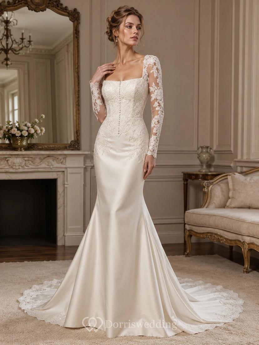 Robe de mariée sirène en satin poli et dentelle, col carré, manches longues, traîne chapelle, manches fleuries, idéale pour la réception.