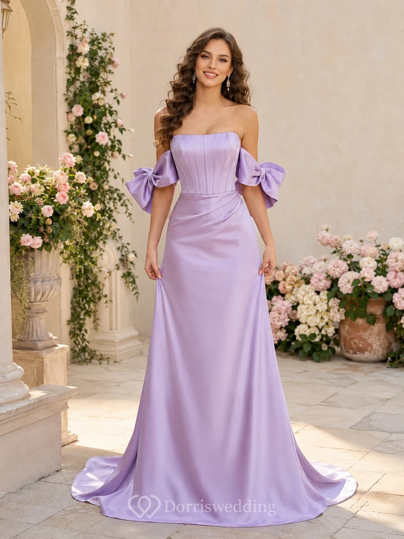 Romantic Lavender Satin Prom Mermaid Floor Length Off Shoulder Bow Sleeve Gown