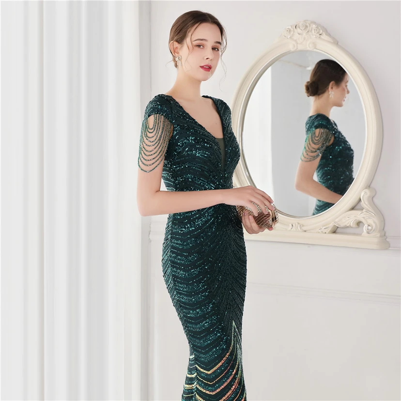 Paillettenbesetztes, handwerklich perfekt gefertigtes, perlenbesetztes Party-Abendkleid – sexy langes Kleid für die Braut view 24