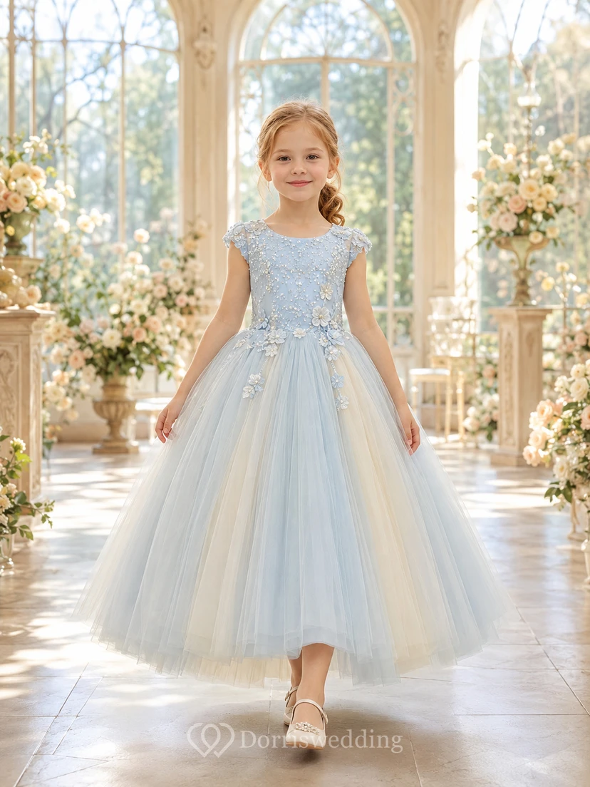 Vestido de niña de las flores azul cielo, encaje, tul, corte en A, cuello joya, largo hasta la rodilla