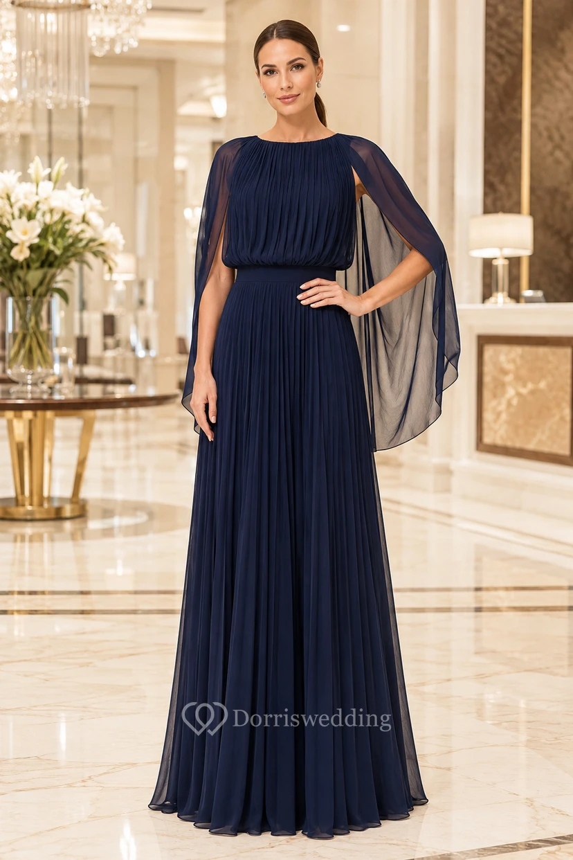 Vestido formal de gasa azul marino oscuro con mangas tipo capa y corte en A