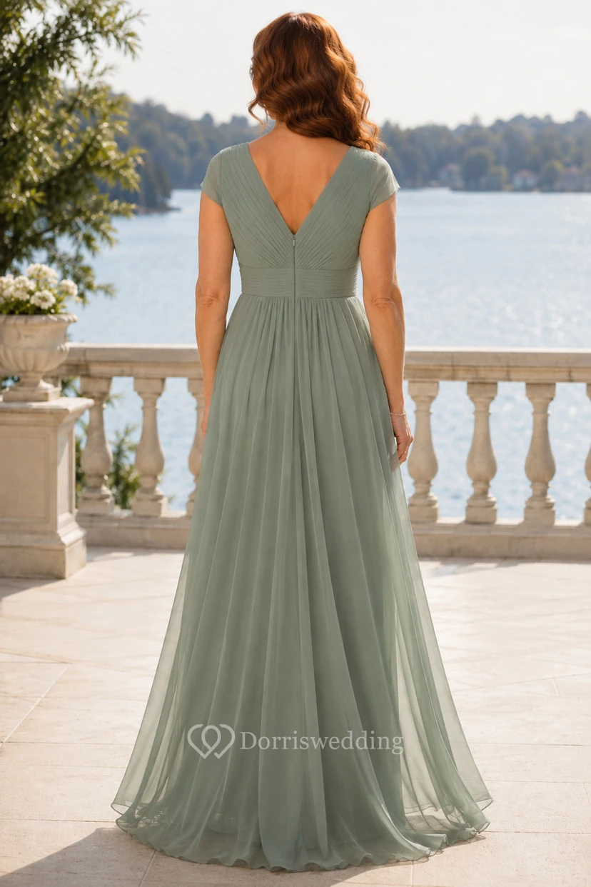 Sage V-Neck Chiffon A-Line Mother Dress with Side Ruffle view 2