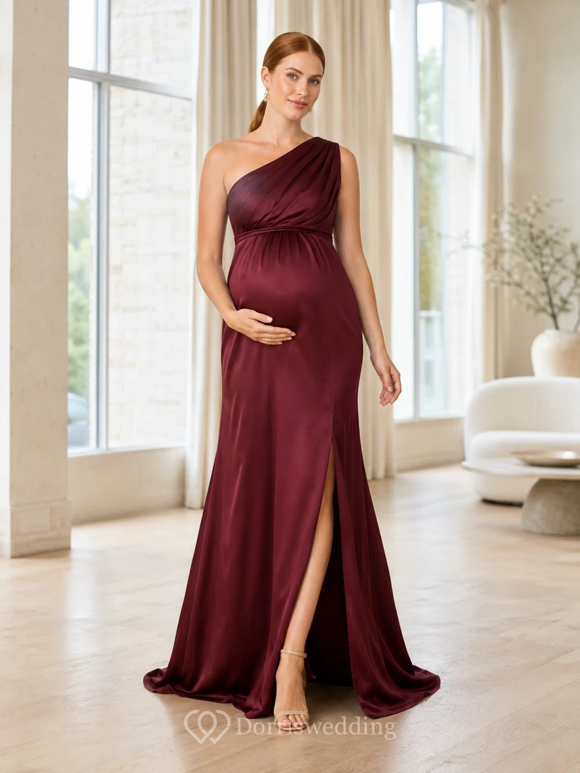 Burgundy Jersey One Shoulder Sleeveless Empire Slit Floor Length Maternity Evening Gown