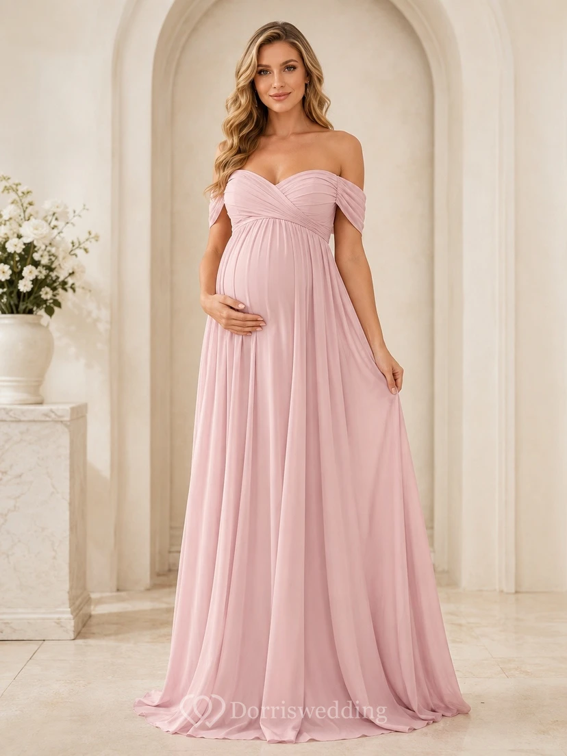 Maternity Empire Formal Off-shoulder A-line Chiffon Floor-length Evening Dress