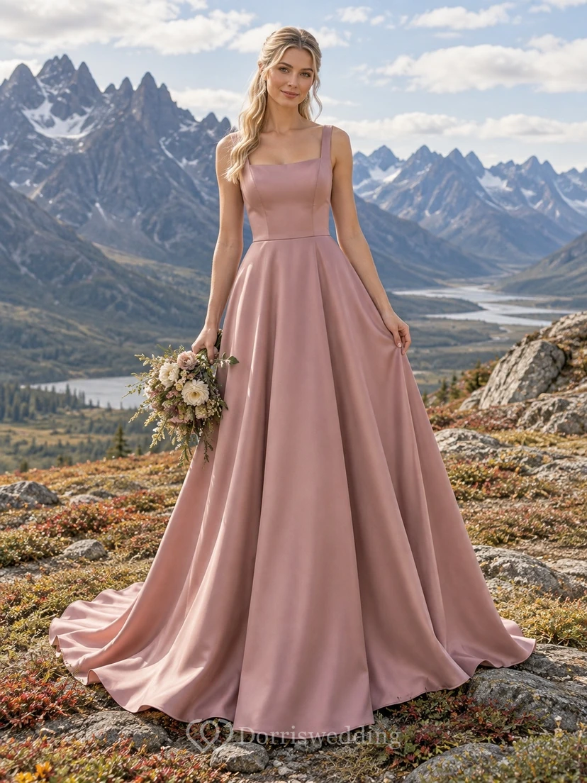 Dusty Rose Square-Neck Matte Satin Wedding Dress with Wide Straps and A-Line Skirt
